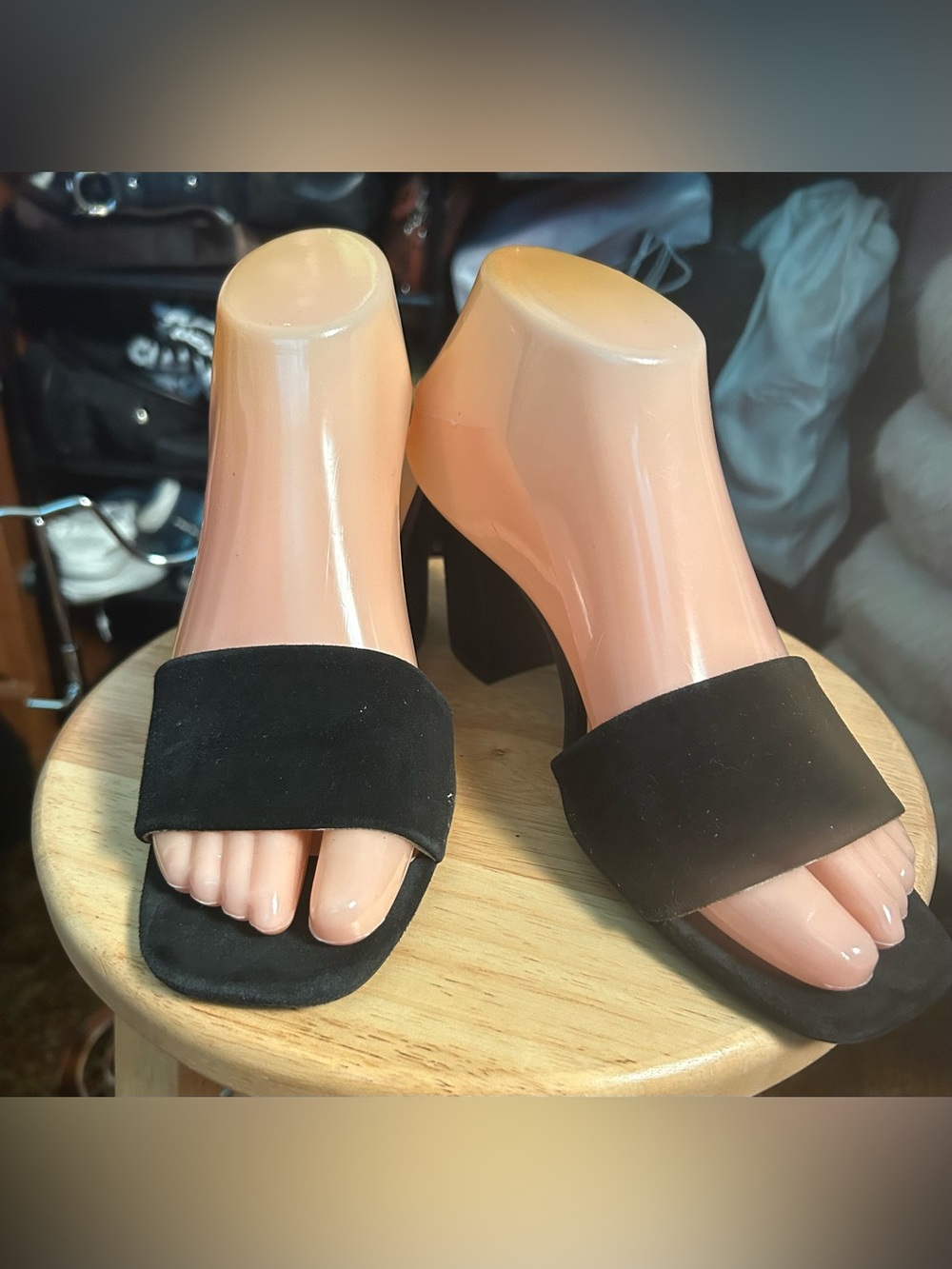 Mojo Moxy Black Suede Block Heel Slide Sandals - Women's